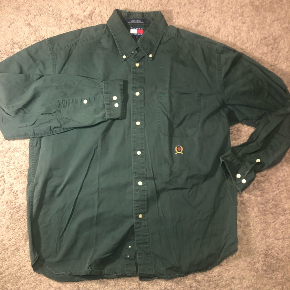 Tommy Hilfiger Button Down Up Mens Size Large Green Dress Work Shirt Logo Shirt - Picture 2 of 12